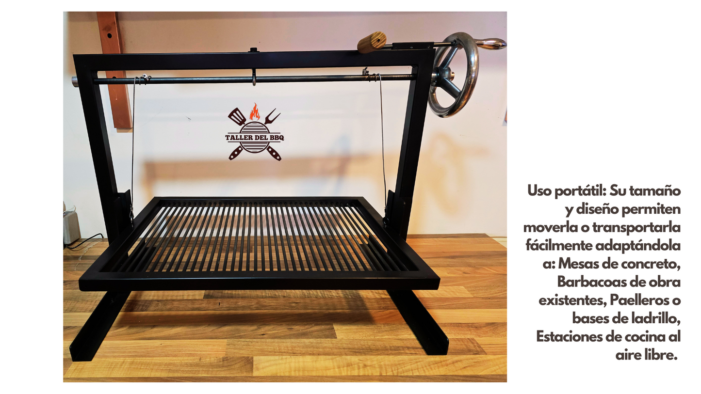 Parrilla Argentina Portátil #TallerDelBBQ | Estilo Santa María Acero Reforzado con Sistema Elevable | Para Leña o Carbón