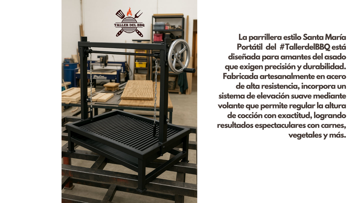 Parrilla Argentina Portátil #TallerDelBBQ | Estilo Santa María Acero Reforzado con Sistema Elevable | Para Leña o Carbón