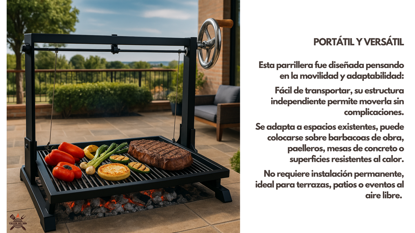 Parrilla Argentina Portátil #TallerDelBBQ | Estilo Santa María Acero Reforzado con Sistema Elevable | Para Leña o Carbón