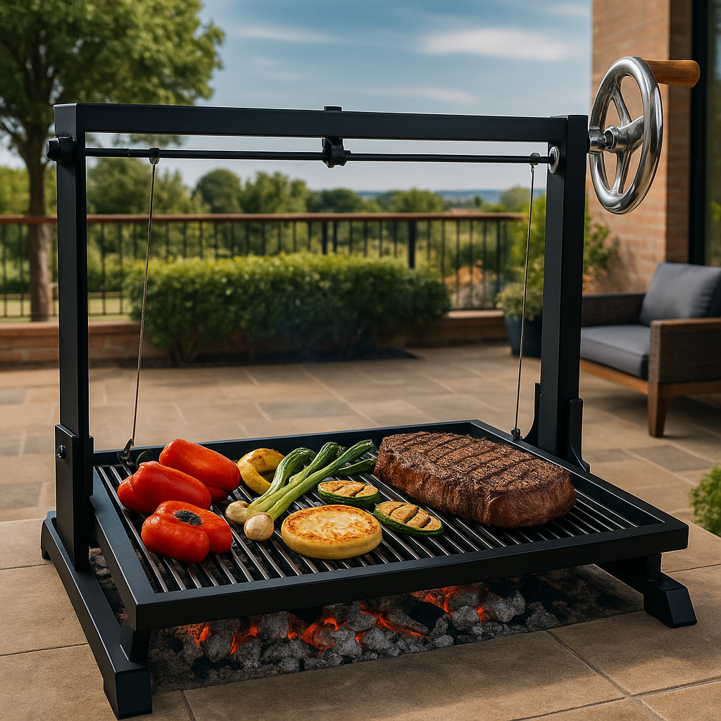 Parrilla Argentina Portátil #TallerDelBBQ | Estilo Santa María Acero Reforzado con Sistema Elevable | Para Leña o Carbón